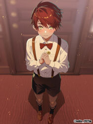 1boy black_socks blush bow bowtie brown_shoes brown_shorts button_shirt demon demon_boy diavolo_(obey_me!) door highres holding holding_key key legwear_garter male_focus obey_me!:_one_master_to_rule_them_all! obey_me!_nightbringer particles red_bow red_bowtie red_hair shirt shoes shorts shota socks suspenders waka_2021jp watermark white_shirt yellow_eyes