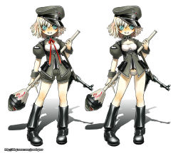 ascot blonde_hair blue_eyes blush boots cameltoe cat_shi cross explosive grin gun hat high-explosive_anti-tank_(warhead) holding iron_cross man-portable_anti-tank_systems military military_uniform mp_40 necktie open_mouth original panties panzerfaust peaked_cap recoilless_gun shorts smile submachine_gun swastika underwear weapon wehrmacht white_panties