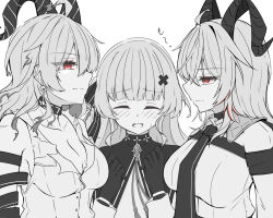3girls ahoge armband bare_shoulders blush breasts choker cleavage closed_mouth collar collarbone commentary curled_horns dual_persona earrings hair_ornament hands_up highres horns jewelry key_earrings large_breasts long_hair mole mole_under_eye monochrome multicolored_hair multiple_girls necktie no_headwear open_mouth phoebe_(wuthering_waves) red_eyes shirt smug streaked_hair sweatdrop torn_clothes torn_shirt wuthering_waves x_hair_ornament zani_(wuthering_waves) zero_3b