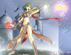 1girl 2000s_(style) armpits artist_name banner bikini bikini_top_only boots breasts brown_boots brown_capelet brown_gloves brown_skirt capelet character_name completion_time dated dome fingerless_gloves full_body gloves graphite_(medium) green_hair holding holding_staff looking_afar magic magic_circle nancy_teeple navel open_mouth pelvic_curtain photoshop_(medium) pointy_ears purple_bikini ragnarok_online sage_(ragnarok_online) short_hair skirt small_breasts solo spire staff striped_capelet swimsuit traditional_media yellow_eyes