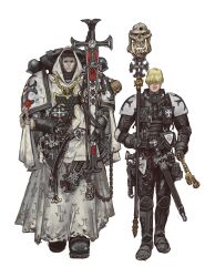 2boys absurdres adeptus_astartes armor black_hair black_templars blonde_hair engraved_armor full_armor highres holding holding_staff holding_sword holding_unworn_helmet holding_weapon hood hood_up male_focus mossacannibalis multiple_boys pauldrons power_armor robe scabbard sheath sheathed shoulder_armor skull staff sword walking warhammer_40k weapon white_robe