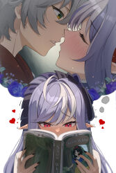 1boy 1girl absurdres black_nails blush book bow closed_eyes commentary_request couple grey_hair hair_bow headband heart hetero highres holding holding_book imagining imminent_kiss looking_at_another mole mole_under_eye multicolored_hair pointy_ears purple_hair reading red_eyes rega speech_bubble spoken_heart streaked_hair thought_bubble vivian_banshee white_hair wise_(zenless_zone_zero) zenless_zone_zero