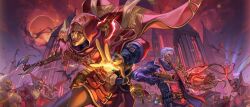 adam_warlock bat_wings capelet commentary english_commentary gold_mask gun highres holding holding_gun holding_weapon hood hood_up hooded_capelet ly_hao_nguyen marvel marvel_rivals red_capelet weapon wings winter_soldier