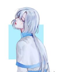 1boy akatsuki_no_yona back bad_id bad_twitter_id blue_background blue_eyes capelet commentary_request kija_(akatsuki_no_yona) korean_commentary looking_at_viewer looking_back male_focus mullet rectangle simple_background solo upper_body white_background white_capelet yona_hyeon