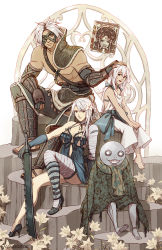 2boys 2girls dress emil_(nier) eyepatch father_and_daughter flower grimoire_weiss hair_flower hair_ornament hand_on_another&#039;s_head highres kaine_(nier) manreeree mask multiple_boys multiple_girls nier nier_(father) nier_(series) silver_hair sitting yonah