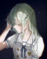 1girl absurdres bang_dream! bang_dream!_it&#039;s_mygo!!!!! blue_ribbon closed_mouth collarbone green_hair hair_ornament hairclip hand_in_own_hair highres light_smile long_hair neck_ribbon ribbon sailor_collar sailor_shirt school_uniform shirt short_sleeves solo straight_hair tsukinomori_school_uniform upper_body user_psvw4345 wakaba_mutsumi white_sailor_collar white_shirt yellow_eyes
