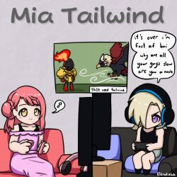 2girls black_shirt blonde_hair blunt_bangs blush_stickers braviary bun_with_braided_base ceruledge closed_mouth commentary couch deformed dress english_commentary english_text gen_5_pokemon grey_shorts hair_bun hair_over_one_eye half_updo headphones headset highres krakelak long_dress love_live! love_live!_nijigasaki_high_school_idol_club medium_hair mia_taylor multiple_girls musical_note nintendo no_mouth off-shoulder_dress off_shoulder on_couch one_eye_covered pink_dress pink_hair playing_games pokemon pokemon_(creature) purple_eyes shirt short_hair shorts single_side_bun sitting sitting_on_pillow sleeveless sleeveless_shirt smile speech_bubble split_mouth spoken_musical_note swept_bangs television text_focus twitter_username uehara_ayumu unworn_headphones v-shaped_eyebrows video_game yellow_eyes