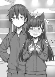 Rule 34 | 1boy, 1girl, absurdres, animal ears, blush, brother and sister, brother and step-sister, cat ears, claw pose, commentary request, double-parted bangs, full-face blush, greyscale, hair between eyes, hand on another&#039;s arm, hands up, highres, irido mizuto, irido yume, jacket, kemonomimi mode, long hair, looking at viewer, mamahaha no tsurego ga moto kano datta, monochrome, novel illustration, official art, open mouth, short hair, siblings, step-brother and step-sister, step-siblings, takayaki, track jacket, v-shaped eyebrows, wide-eyed, wing collar