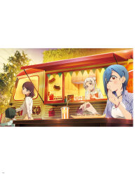 apron arashi_chisato artbook bead_bracelet beads blue_eyes blue_hair blush bracelet cup double_bun food hair_between_eyes hair_bun highres jewelry long_hair love_live! love_live!_superstar!! multiple_girls necklace non-web_source official_art red_eyes shirt short_hair smile striped_clothes striped_shirt takoyaki wakana_shiki white_hair white_shirt