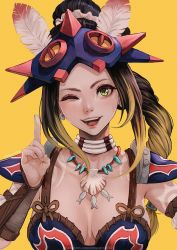 1girl ;) armor bikini_armor black_hair blonde_hair braid breasts cleavage earrings feather_hair_ornament feathers fingernails gradient_hair green_eyes hair_ornament headdress highres index_finger_raised jewelry kayna_(monster_hunter) long_braid long_hair magion02 medium_breasts monster_hunter_(series) monster_hunter_stories_2 multicolored_hair neck_ring necklace one_eye_closed pink_lips portrait shell shell_necklace single_braid smile solo tattoo tooth_necklace tribal tribal_tattoo vambraces yellow_background