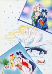 1990s_(style) 5girls ;d absurdres aino_minako artbook bishoujo_senshi_sailor_moon black_cat blonde_hair blue_kimono braid cat double_bun earrings floral_print food fruit green_kimono hair_bun hand_fan highres hino_rei incredibly_absurdres japanese_clothes jewelry kimono kino_makoto lips long_hair mizuno_ami multiple_girls official_alternate_costume official_alternate_hairstyle official_art one-piece_swimsuit one_eye_closed open_mouth pillow pink_lips ponytail red_one-piece_swimsuit retro_artstyle scan short_hair sleeping smile swimsuit takeuchi_naoko tsukino_usagi v very_long_hair watermelon watermelon_rind
