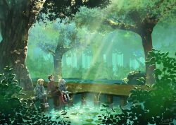 1girl 2boys black_undershirt blonde_hair blue_jacket brown_hair colette_brunel dress genius_sage gloves highres jacket light_rays lloyd_irving looking_at_another multiple_boys red_shirt scenery shirt sumeragi_(black_rose) sunbeam sunlight suspenders tales_of_(series) tales_of_symphonia tree water wetland white_dress white_gloves white_hair white_jacket