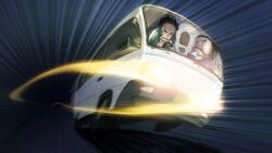 2boys against_glass against_windshield beard_stubble black_hair bow bowtie deformed facial_hair fat fukuda_tomonori game_cg green_jacket highres jacket motion_blur motion_lines motor_vehicle multiple_boys nagafukada_mitsuhiko nagafukada_sumio obese official_art open_mouth polka_dot_bowtie red_shirt red_undershirt robotics;notes shirt short_hair single_footprint stubble track_jacket truck very_short_hair wheel white_bow white_bowtie white_stripes