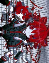 1girl :&lt; ahoge arm_tattoo axe black_shirt black_skirt black_sleeves black_thighhighs blood bloody_weapon buttons character_costume closed_mouth collared_shirt constricted_pupils detached_sleeves drill_hair from_above from_side hair_between_eyes highres hito_mania_(utau) holding holding_axe kasane_teto miniskirt number_tattoo red_eyes red_tattoo shirt skirt skirt_set sleeveless sleeveless_shirt solo tattoo thighhighs tile_floor tiles twin_drills utau weapon wing_collar xdoxa89 zettai_ryouiki