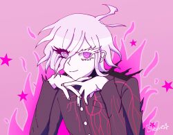1boy absurdres closed_mouth colored_eyelashes fingernails fire hair_over_one_eye heterochromia highres male_focus messy_hair pink_background pink_eyes pink_fire shion_(hundred_line) simple_background smile solo solo_focus star_(symbol) the_hundred_line_-last_defense_academy- upper_body white_eyes white_hair