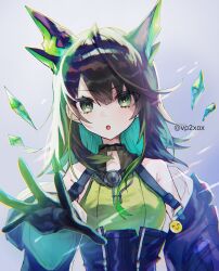 1girl :o aqua_hair arknights bare_shoulders black_gloves black_hair breasts colored_inner_hair crystal eyes_visible_through_hair gloves green_eyes green_hair hair_between_eyes highres looking_at_viewer medium_breasts mon3tr_(arknights) multicolored_hair open_mouth personification solo twitter_username vp2xox_(haru)