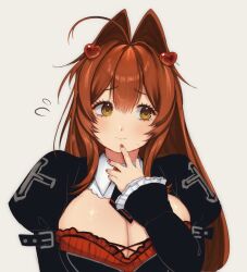 0yamiiii 1girl ahoge blush borrowed_character breasts brown_hair cleavage hair_ears hair_intakes hair_ornament heart heart_hair_ornament highres large_breasts long_hair nanaco_(meisharan) original solo