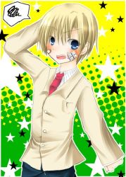 Rule 34 | 00s, 1boy, bandaid, bandaid on face, blonde hair, blue eyes, clannad, male focus, plaster, polka dot, polka dot background, school uniform, solo, sunohara youhei