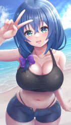 1girl absurdres bare_shoulders beach black_sports_bra blue_eyes blue_hair blue_shorts blush bow breasts cleavage cloud collarbone commentary_request cowboy_shot crossed_bangs denim denim_shorts hair_between_eyes hair_bow halterneck hand_up highres indie_virtual_youtuber large_breasts long_hair looking_at_viewer midriff navel ocean panty_straps purple_bow sand senno_inori short_shorts shorts sky smile solo sports_bra tanu_(ace_ikachan) thigh_gap v v_over_head virtual_youtuber
