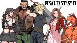 2girls 3boys adjusting_clothes adjusting_gloves aerith_gainsborough animal armor arms_behind_back bangle bare_shoulders barret_wallace beard belt black_bra black_gloves black_hair black_shirt black_skirt blonde_hair blue_eyes blue_pants blue_shirt bra bracelet braid braided_ponytail breasts brown_belt brown_gloves brown_hair brown_vest buster_sword choker closed_mouth cloud_strife collarbone cowboy_shot crazy02oekaki creature crop_top cropped_jacket dark-skinned_male dark_skin dog_tags dress earrings elbow_gloves elbow_pads facial_hair facial_mark facial_scar final_fantasy final_fantasy_vii final_fantasy_vii_remake fingerless_gloves flame-tipped_tail flower_choker gloves green_eyes green_pants hair_between_eyes hair_ribbon hair_tie highres holding holding_staff holding_sword holding_weapon huge_weapon jacket jewelry large_breasts long_dress long_hair looking_at_viewer looking_to_the_side low-tied_long_hair medium_breasts midriff miniskirt multiple_boys multiple_girls navel open_mouth orange_fur pants parted_bangs parted_lips pink_dress pink_ribbon pleated_skirt red_eyes red_hair red_jacket red_xiii ribbon scar scar_on_cheek scar_on_face shirt short_hair short_sleeves shoulder_armor sidelocks signature single_bare_shoulder single_braid single_elbow_pad single_shoulder_pad skirt sleeveless sleeveless_turtleneck smile spiked_hair sports_bra staff standing sunglasses suspenders sword tank_top tifa_lockhart turtleneck underwear very_short_hair vest wavy_hair weapon holding_weapon_behind_back white_background white_shirt yellow_eyes