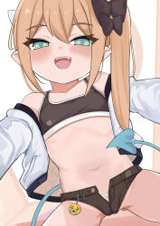 1girl bare_shoulders black_shorts blonde_hair blush bow breasts crop_top denim denim_shorts dot_nose hair_bow highres jacket long_hair long_sleeves meme micro_shorts midriff navel open_clothes open_jacket open_mouth open_pants original pants pointy_ears protected_link ribbon short_shorts shorts small_breasts solo sports_bra stomach surio teeth underwear uohhhhhhhhh!_(meme) upper_teeth_only white_background white_jacket