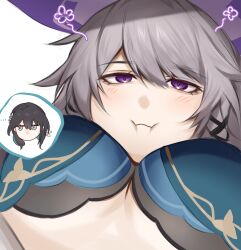 2girls :i aqua_eyes black_hair blush breasts c(ovoc) cleavage grey_hair herta_(honkai:_star_rail) highres honkai:_star_rail honkai_(series) large_breasts looking_at_viewer multiple_girls purple_eyes ruan_mei_(honkai:_star_rail) simple_background the_herta_(honkai:_star_rail) white_background
