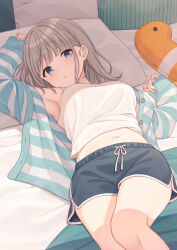 1girl arm_up armpits bare_shoulders black_shorts blue_eyes camisole dolphin_shorts drawstring grey_hair highres jacket long_hair long_sleeves looking_at_viewer lying midriff navel off_shoulder on_back open_clothes open_jacket original shiromikan shirt short_shorts shorts sleeveless sleeveless_shirt solo spaghetti_strap stomach striped_clothes striped_jacket thighs white_shirt