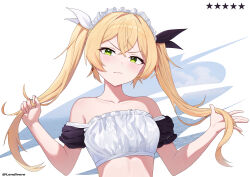 bare_shoulders blonde_hair blush bow breasts crossed_bangs dokibird_(vtuber) green_eyes hair_bow highres indie_virtual_youtuber lendivere long_hair maid maid_headdress medium_breasts puffy_short_sleeves puffy_sleeves short_sleeves standing strapless tube_top twintails twitter_username upper_body virtual_youtuber white_background