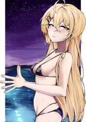 1girl absurdres ahoge bikini black_bikini blonde_hair blush breasts brown_eyes collarbone cowboy_shot cross cross_earrings earrings girls&#039;_frontline hair_ornament hairclip highres jewelry kuzumotsu long_hair looking_at_viewer micro_bikini night night_sky own_hands_together parted_lips ppk_(girls&#039;_frontline) sideboob skindentation sky smile solo swimsuit very_long_hair water wet