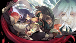 1boy 3girls armor british_(rance) cafe_artful cape chaos_(rance) commentary_request eternal_heroes_(rance) glasses green_hair grey_eyes grey_hair half_mask hat hayasaka highres ho_laga japanese_clothes jill_(rance_series) katana kimono knight long_hair mask multiple_girls nikkou_(rance_series) orange_hair purple_hair rance_(series) red_eyes smile sword weapon
