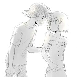1boy 1girl ash_ketchum asymmetrical_hair bare_legs black_hair blush cosplay cowboy_shot denim denim_shorts gen_1_pokemon green_eyes gym_leader hair_down legs misty_(pokemon) monochrome nintendo pokemon pokemon:_the_first_movie_-_mewtwo_strikes_back pokemon_(anime) pokemon_(classic_anime) red_hair shiny_skin shirt short_hair short_shorts shorts suspenders