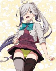1girl ahoge aqua_bow aqua_bowtie asashimo_(kancolle) asashimo_kai_ni_(kancolle) asymmetrical_legwear black_thighhighs blazer blush bow bowtie cowboy_shot dress gradient_background grey_eyes grey_hair grey_thighhighs hair_over_one_eye highres jacket kanmiya_shinobu kantai_collection long_hair looking_at_viewer mismatched_legwear panties pleated_dress ponytail purple_dress school_uniform seamed_legwear sharp_teeth shirt side-seamed_legwear sleeves_rolled_up solo surprised teeth thighhighs underwear white_shirt yellow_background yellow_panties