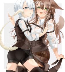 2girls animal_ears au_ra black_necktie black_shorts blue_eyes brown_hair brown_skirt cat_ears cat_girl cat_tail chest_belt collared_shirt dragon_girl dragon_horns dragon_tail final_fantasy final_fantasy_xiv green_eyes grey_hair highres horns looking_at_viewer miqo&#039;te multiple_girls nanase_kokono necktie scales see-through_clothes shirt shorts skirt tail thighhighs underbust vest waistcoat warrior_of_light_(ff14) wet white_shirt