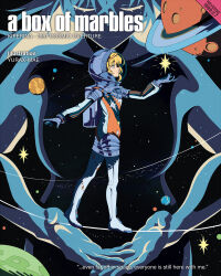 artist_name astronaut blonde_hair closed_eyes english_text giant giantess hand_up helmet highres kiperina orbital_path plant profile reverse:1999 solo_focus space space_helmet spacesuit sparkle star_(sky) starry_sky_background tightrope voyager_(reverse:1999) walking yurax-mae