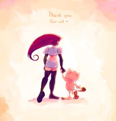 1girl absurdres creatures_(company) earrings flaavii game_freak gen_1_pokemon highres holding_hands jessie_(pokemon) jewelry long_hair meowth nintendo pawpads pokemon pokemon_(anime) pokemon_(classic_anime) team_rocket walking