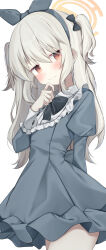 1girl absurdres alternate_costume aoba_(blue_archive) blonde_hair blue_archive blush bow_hairband closed_mouth collared_dress commentary_request dress grey_dress hair_between_eyes hairband halo hanasaki_rin highres juliet_sleeves long_hair long_sleeves puffy_sleeves red_eyes simple_background solo two_side_up white_background yellow_halo