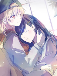 2girls azusawa_kohane baseball_cap black_hair black_hat blonde_hair brown_eyes closed_eyes closed_mouth commentary_request hand_in_another&#039;s_hair hand_on_another&#039;s_neck hat highres long_hair long_sleeves multiple_girls orange_sweater_vest parted_lips project_sekai shiraishi_an shirt short_twintails sweater_vest twintails white_shirt window xuan yuri