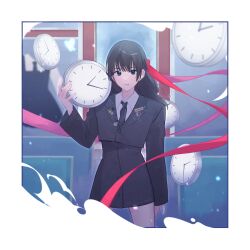1girl black_hair black_jacket black_necktie blue_eyes blunt_bangs border chu_0618 clock closed_mouth collared_shirt commentary cowboy_shot cropped_jacket gfriend hair_ribbon highres holding jacket long_hair looking_at_viewer necktie real_life red_ribbon ribbon shirt sinb_(gfriend) solo twitter_username white_border white_shirt