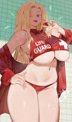 Rule 34 | 1girl, bikini, blonde hair, blue eyes, breasts, chain, chain necklace, covered collarbone, covered erect nipples, cowboy shot, eyebrows hidden by hair, forehead, from below, hair over one eye, hand on own hip, highres, holding, holding whistle, huge breasts, jewelry, lens flare, lifeguard, long hair, looking at viewer, navel, necklace, one-hour drawing challenge, one eye closed, original, parted hair, plump, red bikini, ryusei hashida, skindentation, sleeveless, solo, swimsuit, taut clothes, thick thighs, thighs, tile wall, tiles, tongue, tongue out, towel, tsurime, turtleneck, underboob, very long hair, w, wet, whistle, whistle around neck
