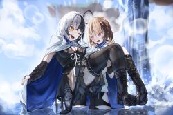 Rule 34 | 2girls, absurdres, ahoge, black boots, black dress, black gloves, black hair, black thighhighs, blonde hair, boots, breasts, brown hair, carrying, cleavage, cloak, commentary, dress, english commentary, enigmatic recollection, fingerless gloves, gigi murin, gigi murin (1st costume), gloves, grey hair, highres, hololive, hololive english, koizumi arata, large breasts, multicolored hair, multiple girls, one eye closed, open mouth, princess carry, ribbon, shiori novella, shiori novella (1st costume), single thighhigh, split-color hair, teeth, thighhighs, two-tone hair, upper teeth only, virtual youtuber, water, waterfall, wet, white cloak, white ribbon, yellow eyes