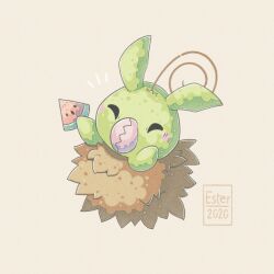 artist_name chickenscraches closed_eyes digimon digimon_(creature) food fruit grey_background minomon no_humans simple_background solo watermelon watermelon_slice