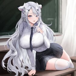 1girl absurdres animal_ears blue_eyes blush breasts chalkboard collared_shirt grey_hair highres indie_virtual_youtuber large_breasts lillly long_hair long_sleeves looking_at_viewer necktie nuya_(nuyaonline) parted_lips revision shirt skirt smile solo thighhighs thighs very_long_hair virtual_youtuber white_thighhighs