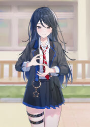1girl absurdres belt black_hair black_jacket black_skirt blue_hair blush closed_mouth collared_shirt cowboy_shot gradient_hair grey_eyes highres hoshino_ichika_(project_sekai) jacket long_hair looking_at_viewer multicolored_hair necktie open_clothes open_jacket pleated_skirt project_sekai school shirt skirt smile solo thigh_belt thigh_strap timmoo white_shirt