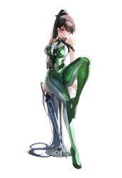 1girl absurdly_long_hair absurdres bare_shoulders black_hair blood_edge_(stellar_blade) bodysuit breasts brown_eyes eve_(stellar_blade) full_body green_bodysuit hido_(cherryhido) highres holding holding_sword holding_weapon impossible_bodysuit impossible_clothes long_hair planet_diving_suit_(7th)_(stellar_blade) ponytail silver_bodysuit solo stellar_blade stool sword two-tone_bodysuit very_long_hair weapon