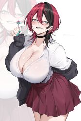 Rule 34 | 1girl, absurdres, black hair, black jacket, blue nails, blush, boots, breasts, cleavage, collared shirt, demon girl, earrings, elbow gloves, gloves, hair between eyes, head wings, heart, heart earrings, highres, huge breasts, hz (666v), jacket, jewelry, long sleeves, looking at viewer, multicolored hair, open clothes, open jacket, original, pleated skirt, red eyes, red hair, red skirt, school uniform, shirt, single earring, skirt, smile, solo, sweater jacket, thighs, twitter username, two-tone hair, white background, white shirt, wings, wolf cut, zoom layer