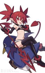 1girl :&lt; :p absurdres adjusting_choker anklet armpits bandeau bangle bare_shoulders bird black_bandeau black_choker black_gloves boots bracelet choker closed_mouth commentary_request crossed_legs demon_girl demon_tail demon_wings disgaea dot_nose earrings elbow_gloves english_text etna_(disgaea) flat_chest full_body gloves hair_between_eyes heart highres jewelry lance linea_alba looking_at_viewer makai_senki_disgaea medium_hair miniskirt navel peg_leg pencil_skirt pendant_choker penguin pointy_ears polearm prinny purple_wings red_eyes red_hair red_wings ribs side_slit sidelocks simple_background sitting_on_animal skirt skull_earrings slit_pupils straight_hair sweatdrop tail thigh_boots tongue tongue_out tsurime twintails weapon white_background wings zizi_niisan