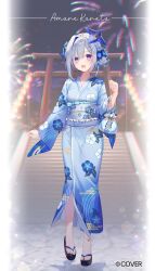 1girl :d amane_kanata amane_kanata_(holonatsu_paradise) anaglyph bag black_sandals blue_hair blue_kimono blue_sash blurry blurry_background braid character_name colored_inner_hair commentary_request copyright_notice egasumi fireworks floral_print floral_print_kimono flower full_body grey_hair hair_flower hair_ornament hairclip halo hand_up highres holding holding_bag hololive holonatsu_paradise japanese_clothes kimono long_sleeves looking_at_viewer multicolored_hair night obi official_alternate_costume official_alternate_hairstyle official_art open_mouth pink_hair print_kimono purple_eyes sandals sash short_hair side_braid single_hair_intake smile solo standing star_halo streaked_hair summer_festival taya_oco toenails virtual_youtuber wide_sleeves x_hair_ornament