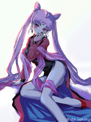 Rule 34 | 1girl, aged up, ata129, backlighting, bishoujo senshi sailor moon, bishoujo senshi sailor moon r, black dress, black lady (sailor moon), black moon clan, black nails, breasts, chibi usa, cone hair bun, crescent, crescent facial mark, crystal earrings, dark persona, double bun, dress, earrings, facial mark, forehead mark, hair bun, highres, jewelry, long hair, looking at viewer, makeup, pink hair, red eyes, see-through clothes, side slit, simple background, solo, twintails, very long hair, white background