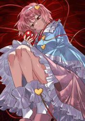 1girl bloomers blue_shirt closed_mouth expressionless frills grey_nagato hair_between_eyes hairband highres komeiji_satori legs long_sleeves pink_hair pink_skirt puffy_sleeves red_background red_eyes shirt short_hair skirt slippers socks solo third_eye touhou underwear white_bloomers white_socks