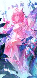 Rule 34 | 1girl, absurdres, artist logo, breasts, chinese commentary, cleavage, commentary request, diamond-shaped pupils, diamond (shape), dress, elf, elysia (honkai impact), flower, hair flower, hair ornament, highres, honkai (series), honkai impact 3rd, kailu (kyshiro), large breasts, logo, long hair, pink dress, pink hair, pointy ears, purple eyes, sitting, smile, solo, symbol-shaped pupils, tulip, very long hair, water